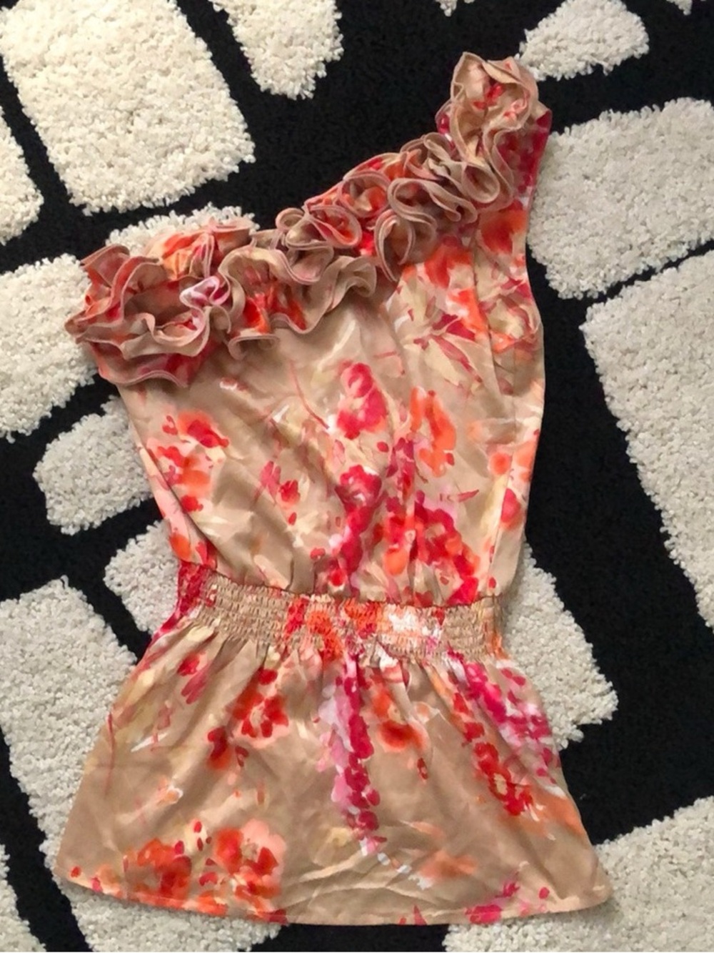Ruffled One-Shoulder Kids Romper in Beige with Pink & Orange Floral Print